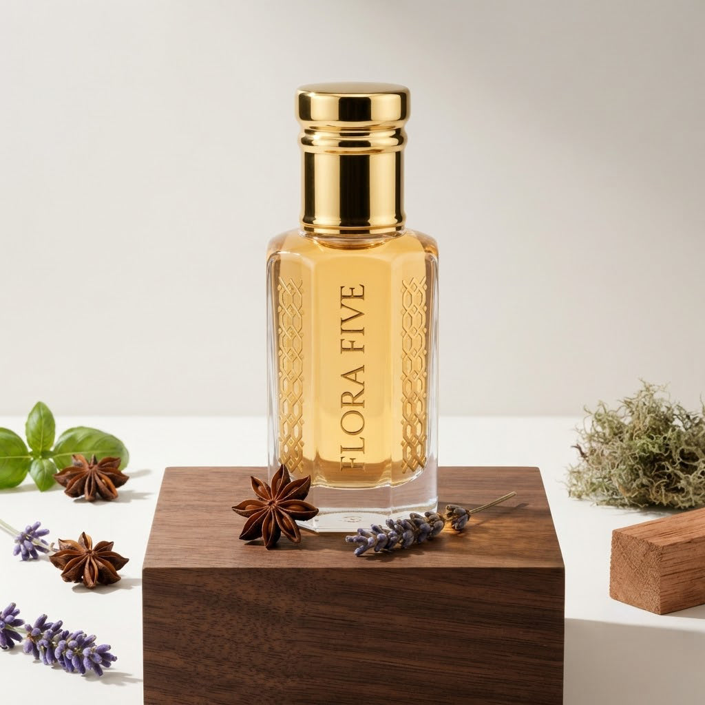 Brut Musk Inspired Attar by Flora Five — gold-capped bottle of golden yellow oil on a wooden block with star anise, lavender and moss – 3, 6 and 12 ml