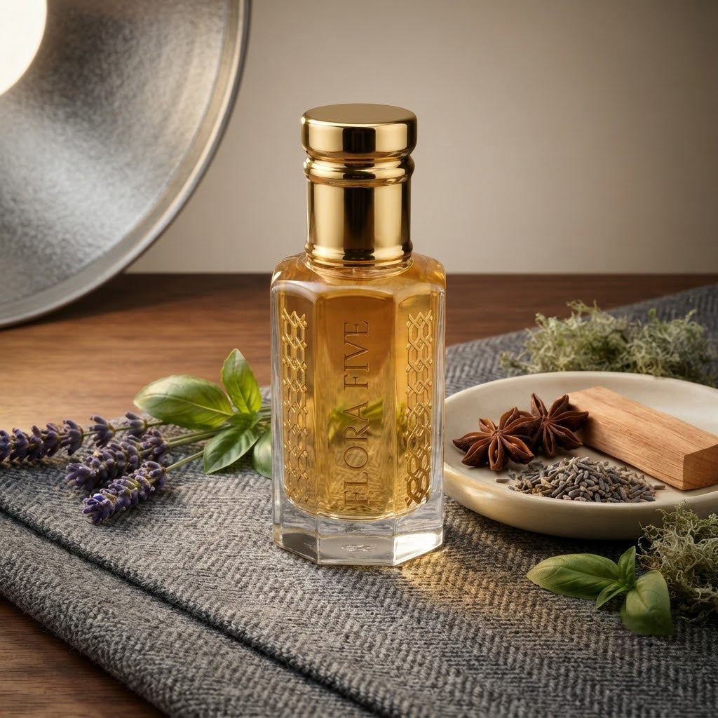 Brut Musk Inspired Attar by Flora Five — gold-capped bottle of golden yellow oil on grey wool with lavender, basil and star anise – 3, 6 and 12 ml