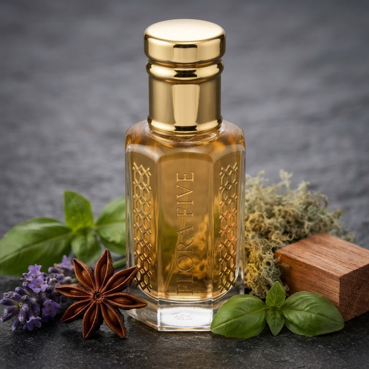 Brut Musk Inspired Attar by Flora Five — gold-capped bottle of golden yellow oil on grey with lavender, star anise and basil – 3, 6 and 12 ml