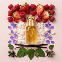 Atlanta Attar by Flora Five — gold-capped bottle of golden oil from above with strawberries, raspberries and jasmine – 3, 6 and 12 ml
