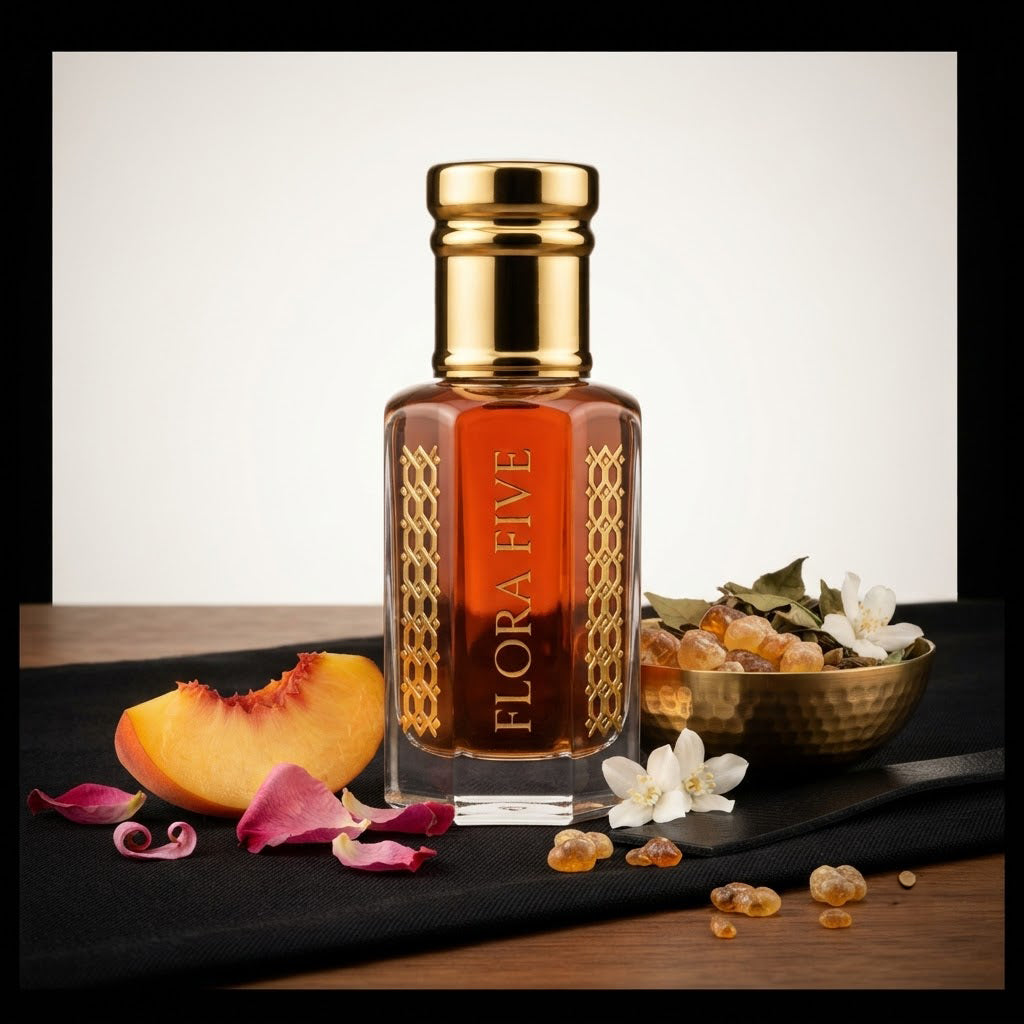 Burberry Black Inspired Attar by Flora Five — gold-capped bottle of red-amber oil on dark wood with a peach slice, rose petals and a brass dish of resin – 3, 6 and 12 ml