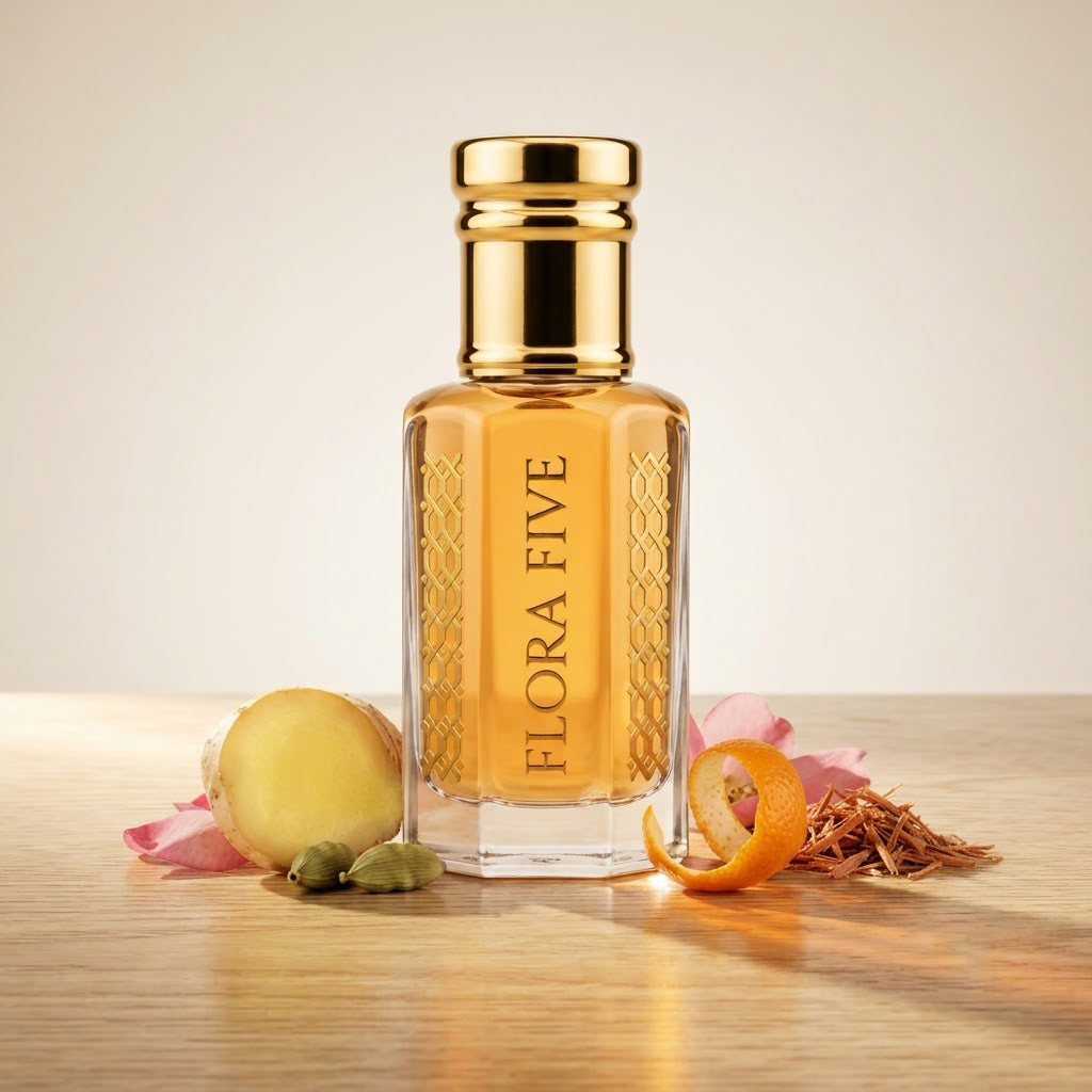 Burberry Brit for Men Inspired Attar by Flora Five — gold-capped bottle of golden yellow oil on wood with ginger, mandarin peel and cedar shavings – 3, 6 and 12 ml