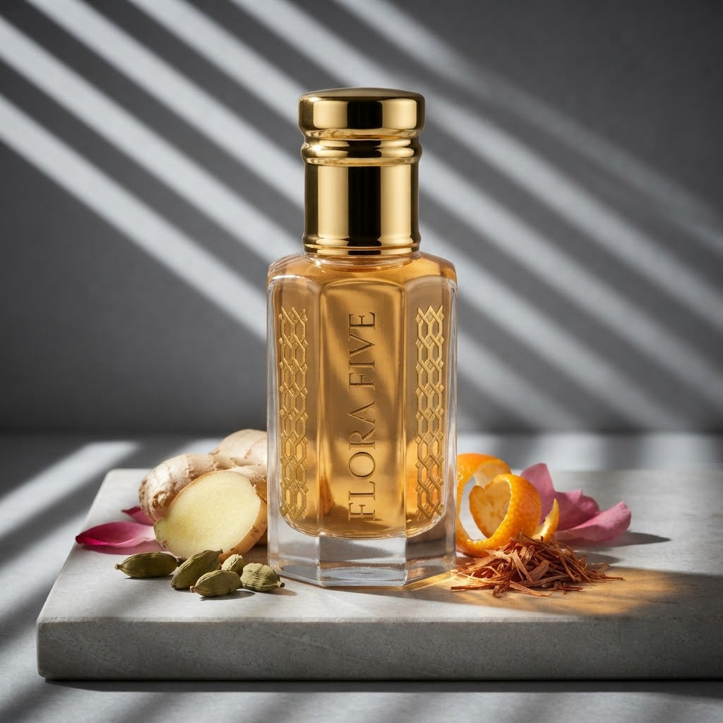 Burberry Brit for Men Inspired Attar by Flora Five — gold-capped bottle of golden amber oil on stone in striped light with ginger, cardamom and orange peel – 3, 6 and 12 ml