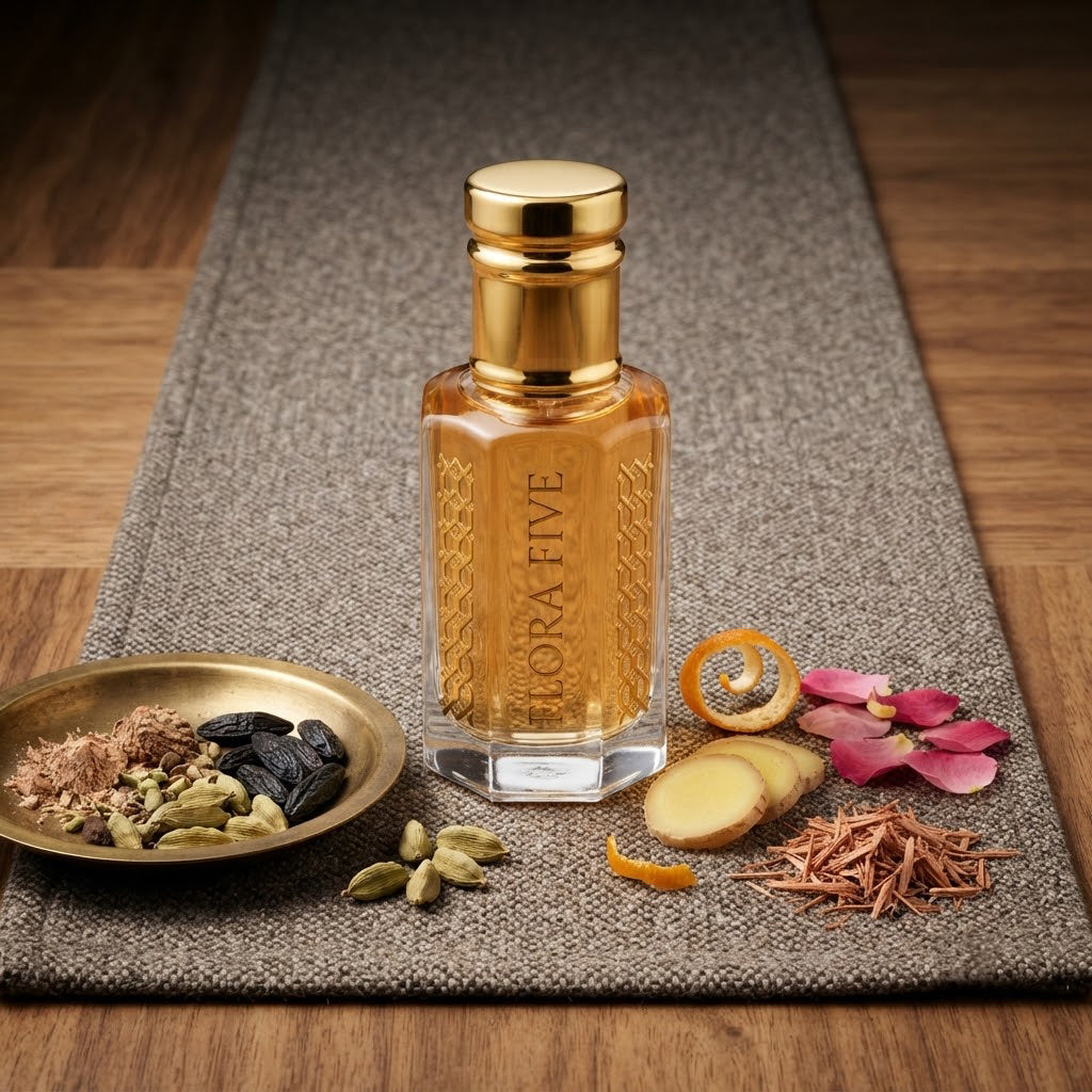 Burberry Brit for Men Inspired Attar by Flora Five — gold-capped bottle of golden amber oil on a woven runner with a brass dish of spices, ginger and orange peel – 3, 6 and 12 ml