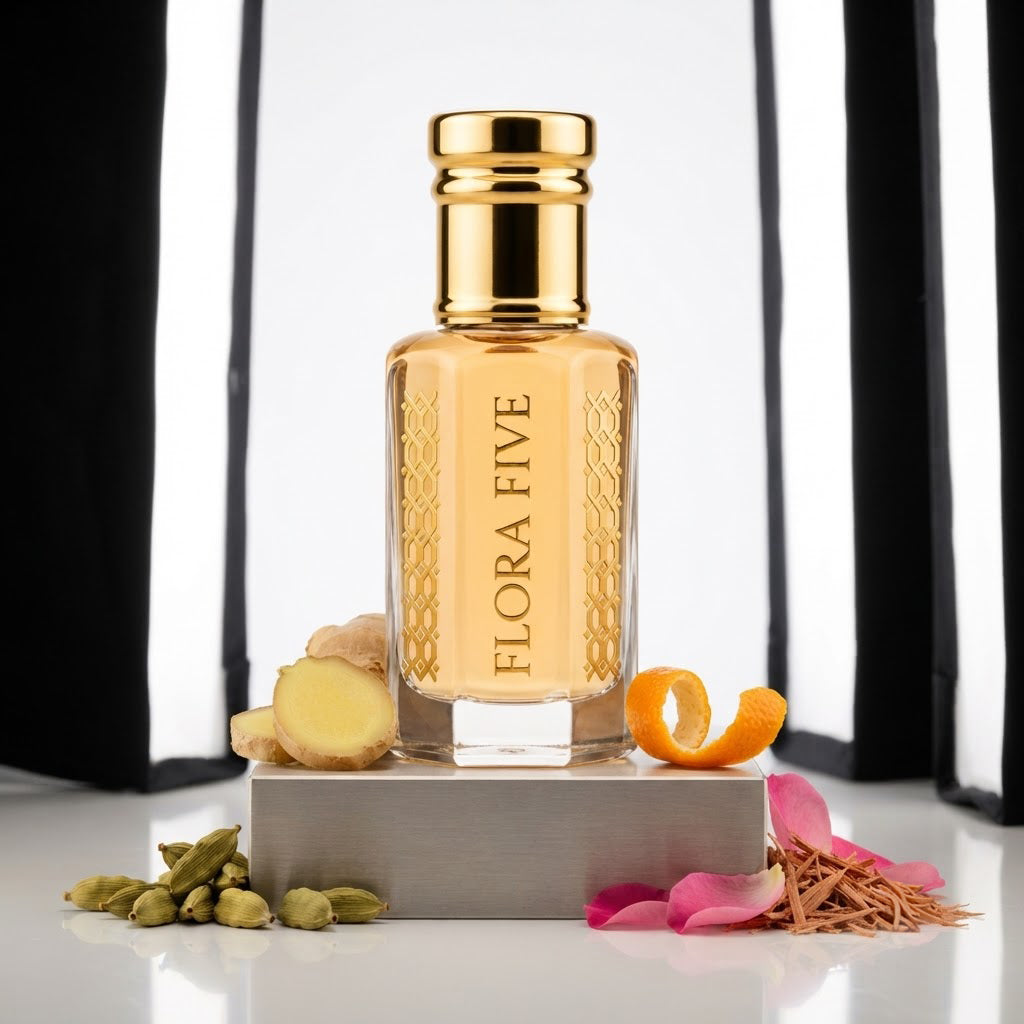 Burberry Brit for Men Inspired Attar by Flora Five — gold-capped bottle of pale golden oil in a studio with ginger, cardamom and orange peel – 3, 6 and 12 ml