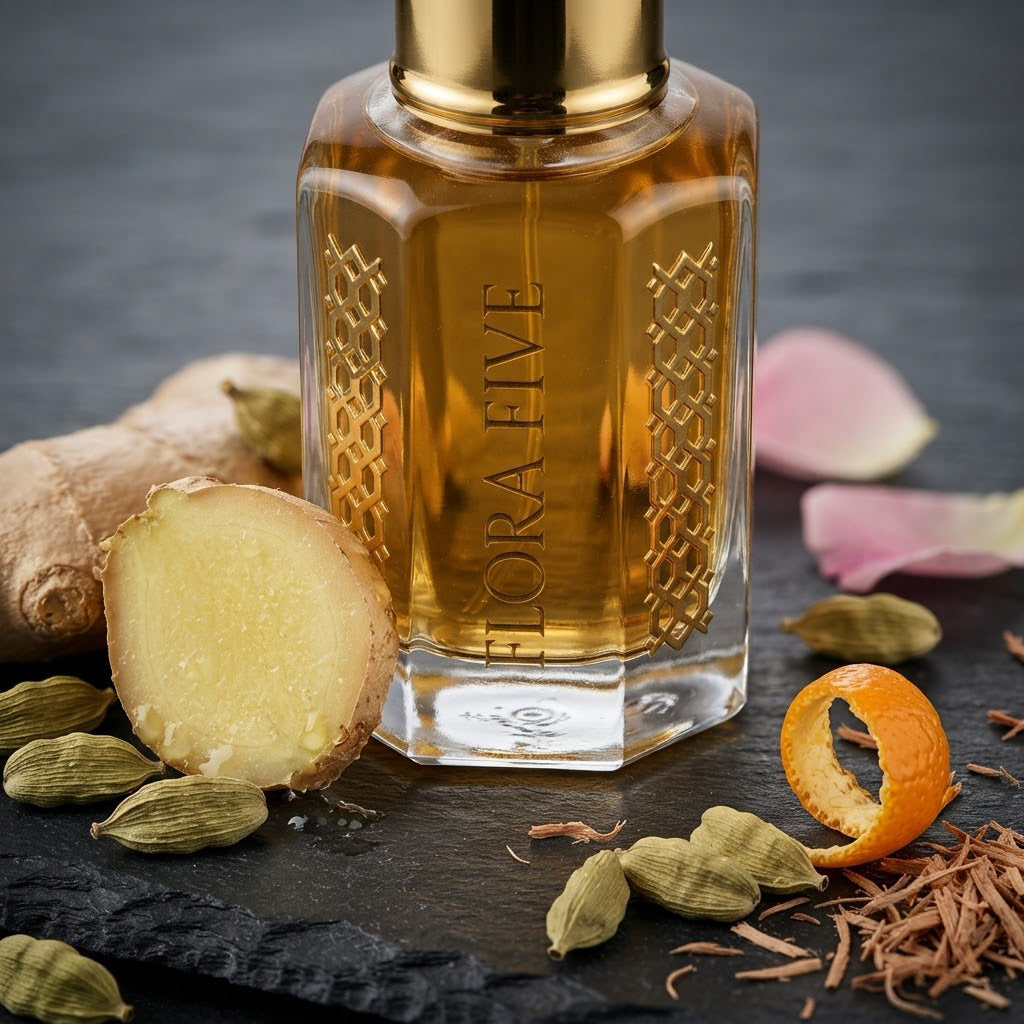 Burberry Brit for Men Inspired Attar by Flora Five — close-up of a gold-capped bottle of golden amber oil on slate with ginger, cardamom and orange peel – 3, 6 and 12 ml