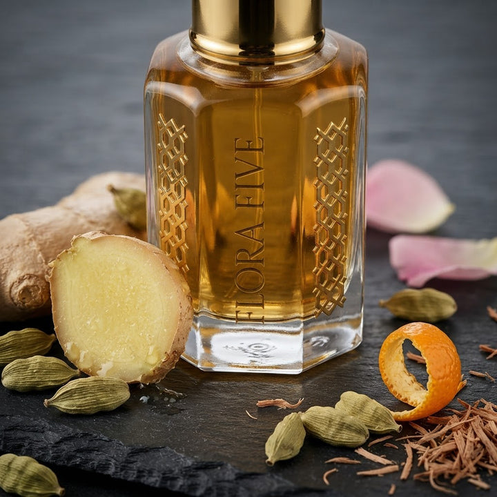 Burberry Brit for Men Inspired Attar by Flora Five — close-up of a gold-capped bottle of golden amber oil on slate with ginger, cardamom and orange peel – 3, 6 and 12 ml