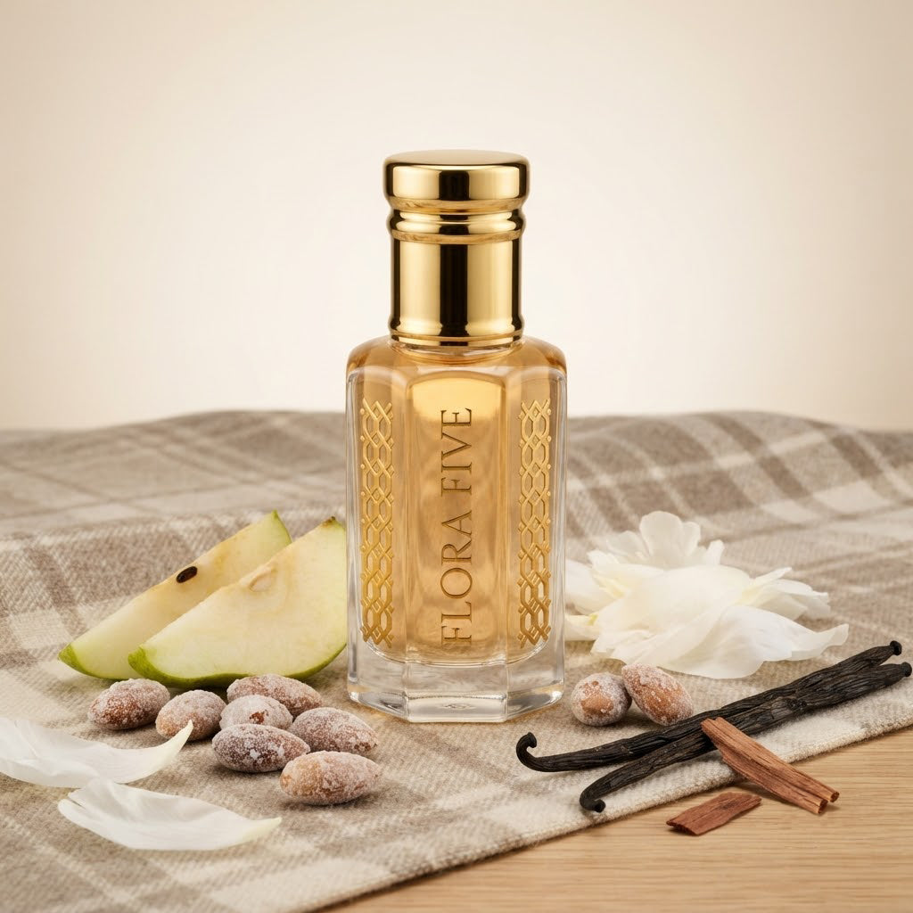 Burberry Brit for Women Inspired Attar by Flora Five — gold-capped bottle of pale gold oil on checked linen with pear, almonds and vanilla – 3, 6 and 12 ml