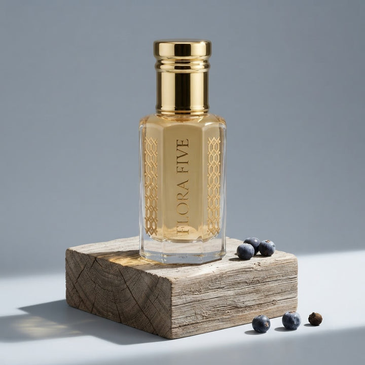 Burberry Hero Inspired Attar by Flora Five — gold-capped bottle of pale gold oil on a weathered wood block with juniper berries – 3, 6 and 12 ml