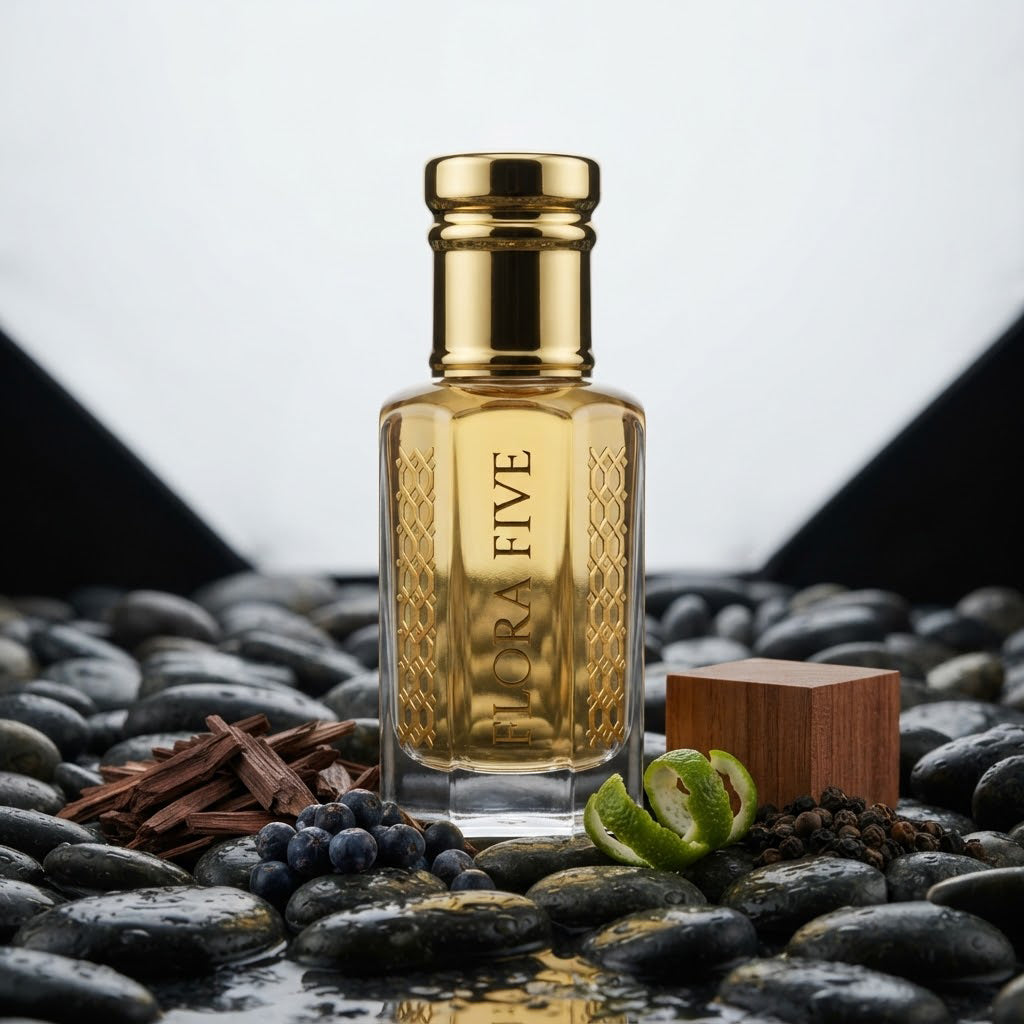 Burberry Hero Inspired Attar by Flora Five — gold-capped bottle of pale gold oil on black pebbles with juniper, lime peel and a cedar block – 3, 6 and 12 ml