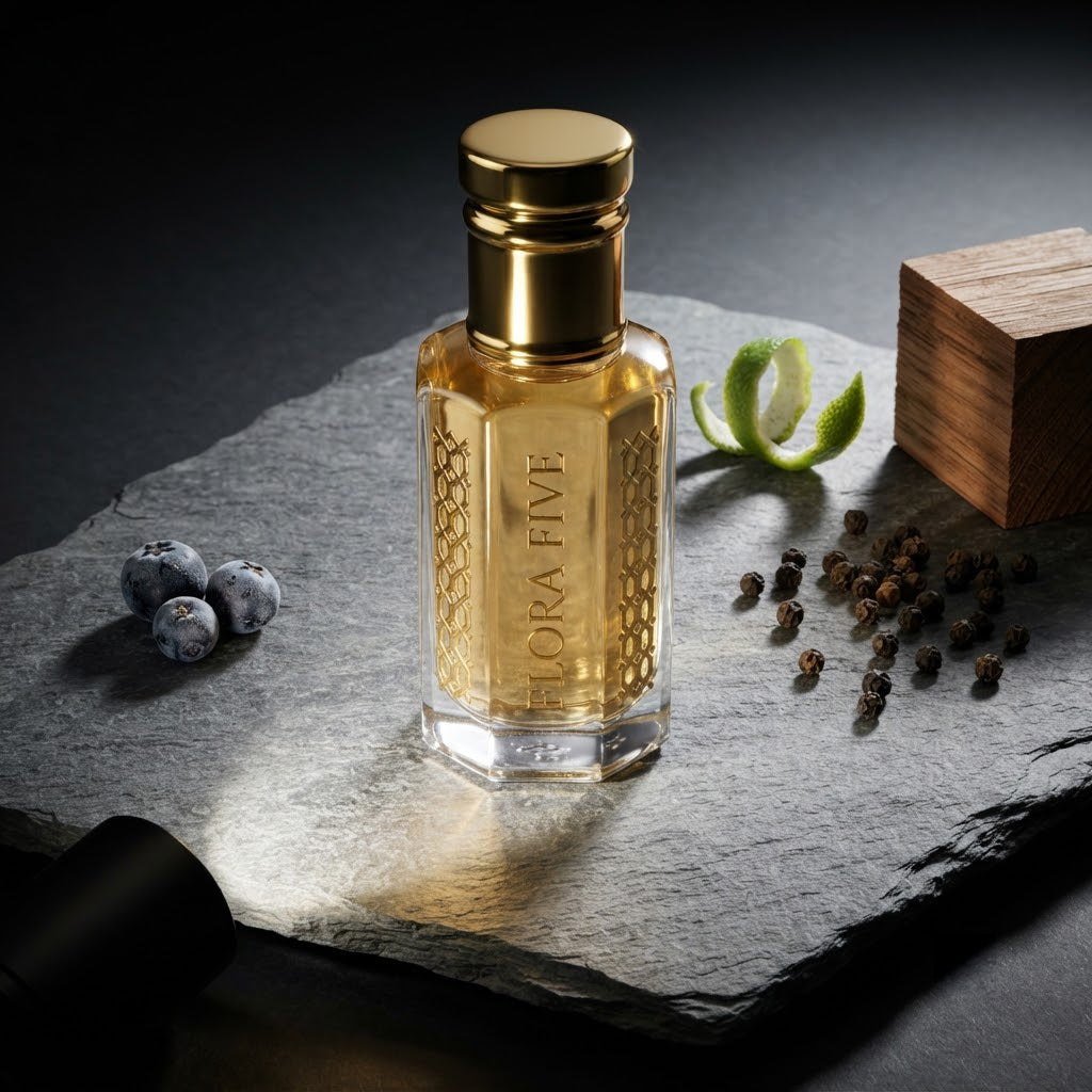Burberry Hero Inspired Attar by Flora Five — gold-capped bottle of pale gold oil on dark slate with blueberries, lime peel and black pepper – 3, 6 and 12 ml