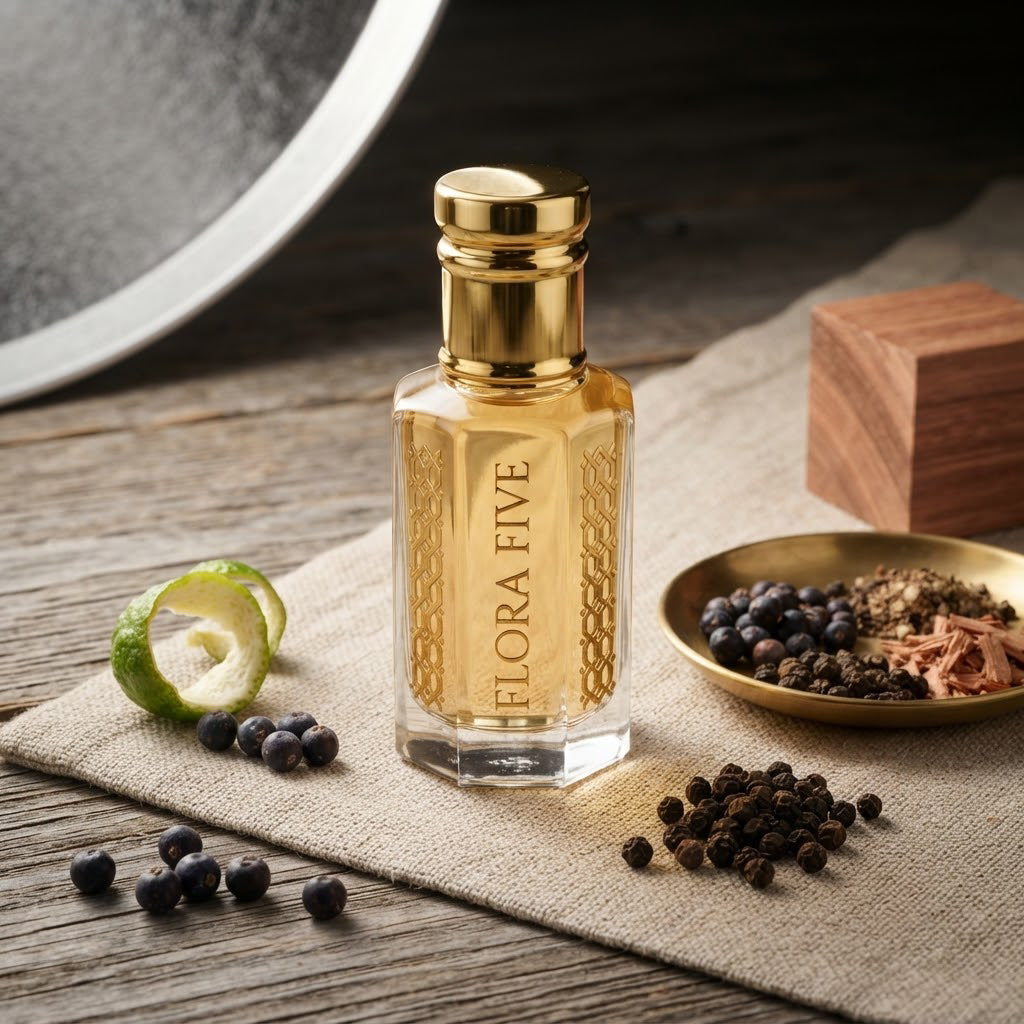Burberry Hero Inspired Attar by Flora Five — gold-capped bottle of pale gold oil on linen with lime peel, juniper and black pepper – 3, 6 and 12 ml