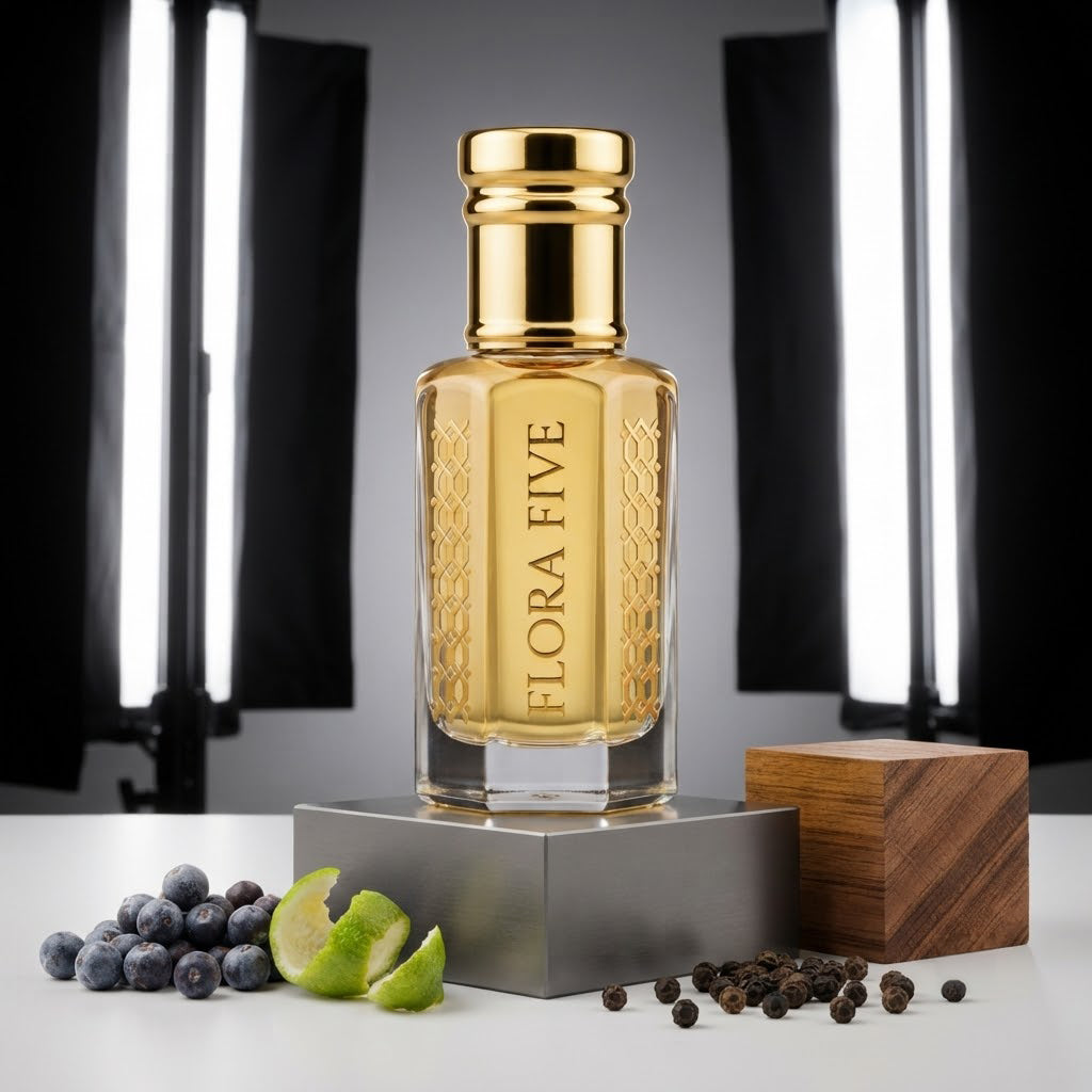 Burberry Hero Inspired Attar by Flora Five — gold-capped bottle of pale gold oil in a studio with juniper berries, lime peel and black pepper – 3, 6 and 12 ml