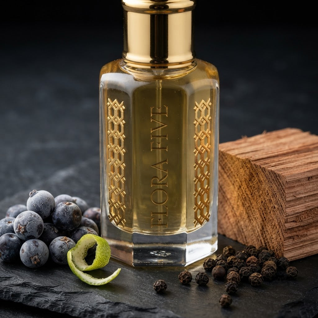 Burberry Hero Inspired Attar by Flora Five — close-up of a gold-capped bottle of pale olive-gold oil on slate with juniper, lime peel and pepper – 3, 6 and 12 ml