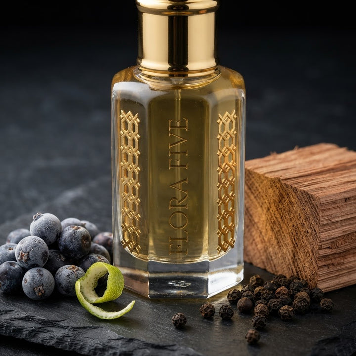 Burberry Hero Inspired Attar by Flora Five — close-up of a gold-capped bottle of pale olive-gold oil on slate with juniper, lime peel and pepper – 3, 6 and 12 ml