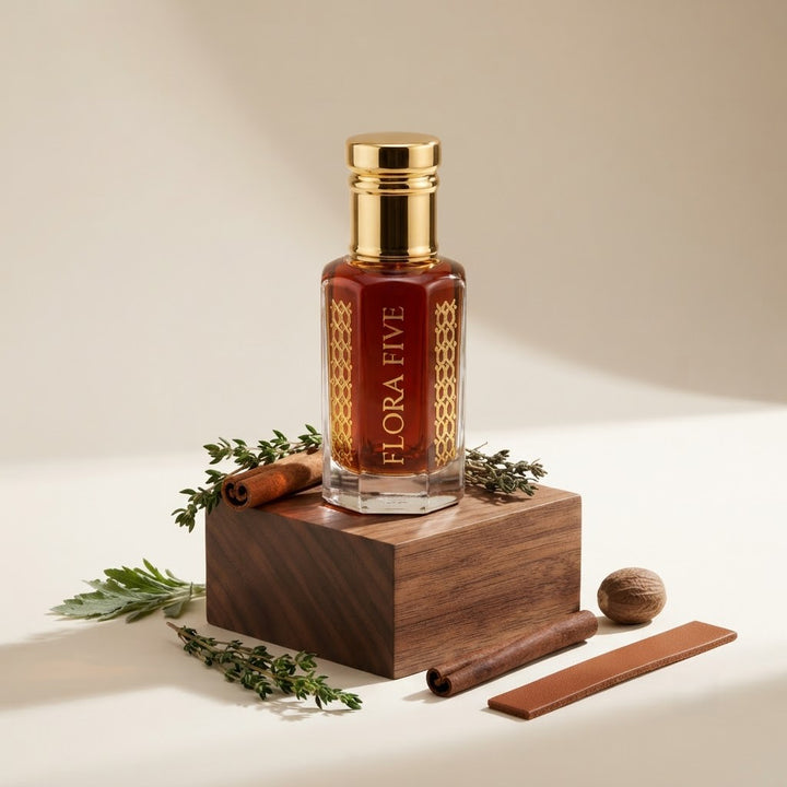 Burberry London for Men Inspired Attar by Flora Five — gold-capped bottle of deep red-amber oil on a walnut block with thyme and cinnamon sticks – 3, 6 and 12 ml