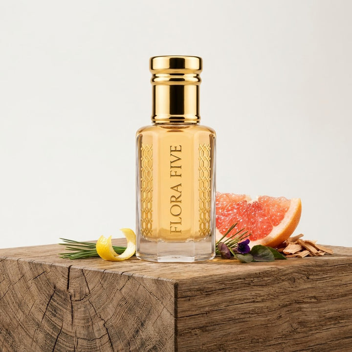 Burberry Weekend for Men Inspired Attar by Flora Five — gold-capped bottle of pale gold oil on a wooden stump with grapefruit, lemon peel and pine – 3, 6 and 12 ml