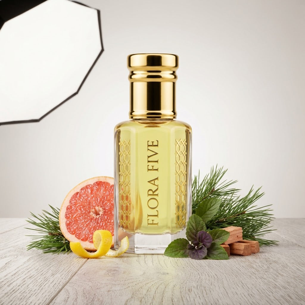 Burberry Weekend for Men Inspired Attar by Flora Five — gold-capped bottle of pale lime-yellow oil on wood with grapefruit, pine and violet leaves – 3, 6 and 12 ml