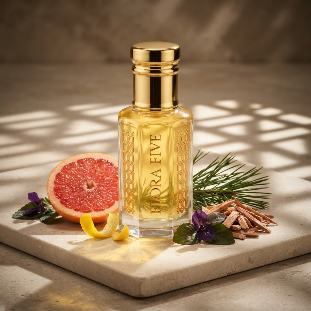 Burberry Weekend for Men Inspired Attar by Flora Five — gold-capped bottle of pale yellow oil on stone in dappled light with grapefruit, pine and cedar shavings – 3, 6 and 12 ml