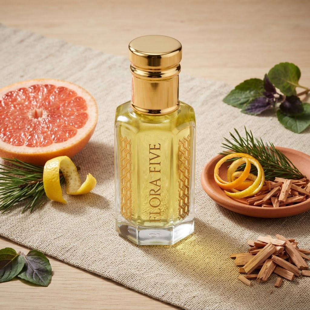 Burberry Weekend for Men Inspired Attar by Flora Five — gold-capped bottle of pale lime-yellow oil on linen with grapefruit, lemon peel and pine – 3, 6 and 12 ml