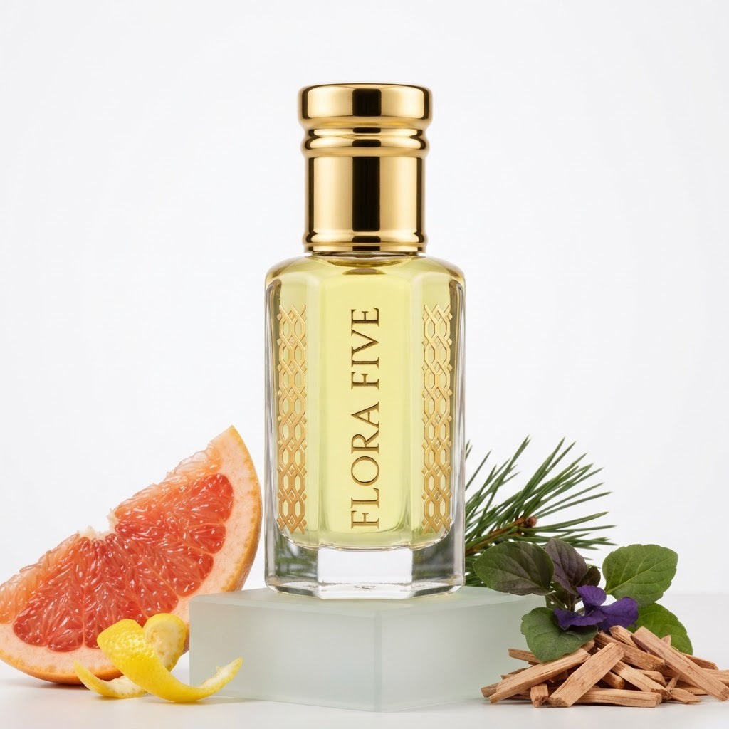 Burberry Weekend for Men Inspired Attar by Flora Five — gold-capped bottle of pale lime-yellow oil on a frosted block with grapefruit, pine and cedar shavings – 3, 6 and 12 ml