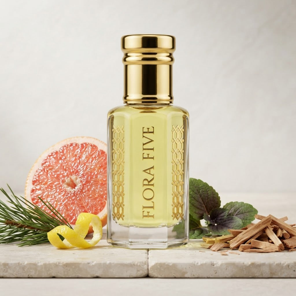 Burberry Weekend for Men Inspired Attar by Flora Five — gold-capped bottle of pale lime-yellow oil on stone with grapefruit, lemon peel and pine – 3, 6 and 12 ml