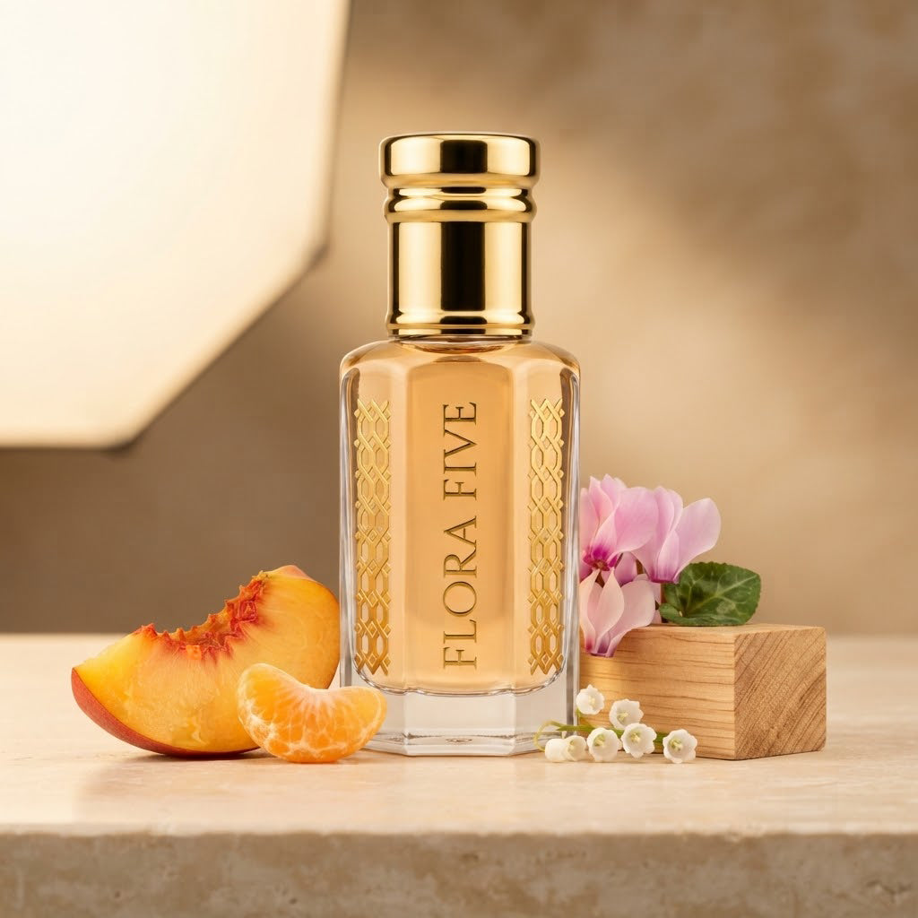Burberry Weekend for Women Inspired Attar by Flora Five — gold-capped bottle of pale apricot oil on a beige ledge with peach, mandarin and cyclamen – 3, 6 and 12 ml