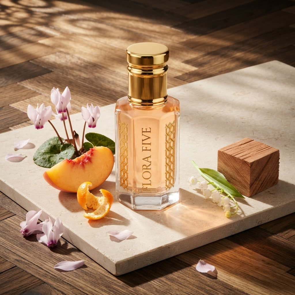 Burberry Weekend for Women Inspired Attar by Flora Five — gold-capped bottle of pale apricot oil on stone in dappled light with peach, cyclamen and a cedar block – 3, 6 and 12 ml