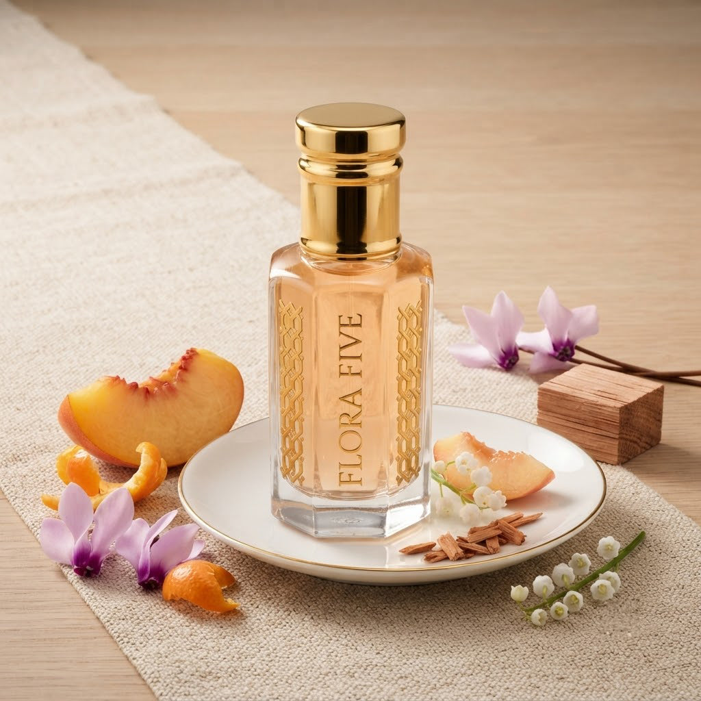 Burberry Weekend for Women Inspired Attar by Flora Five — gold-capped bottle of pale apricot oil on linen with a plate of peach slices and cyclamen – 3, 6 and 12 ml