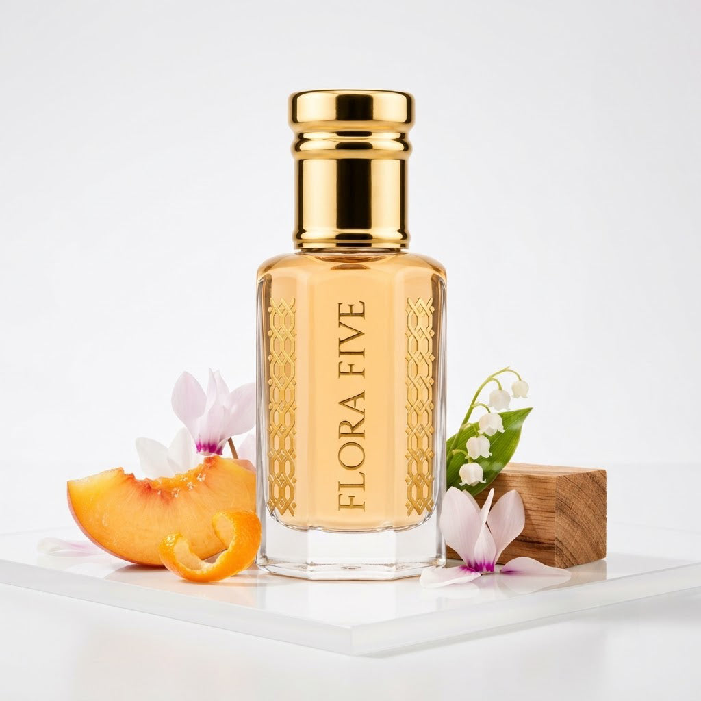 Burberry Weekend for Women Inspired Attar by Flora Five — gold-capped bottle of pale apricot oil on white with peach, cyclamen and lily of the valley – 3, 6 and 12 ml