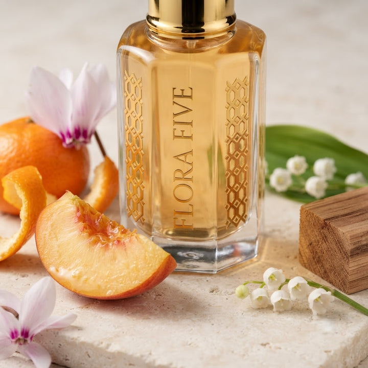 Burberry Weekend for Women Inspired Attar by Flora Five — close-up of a gold-capped bottle of pale apricot oil with peach, mandarin and cyclamen – 3, 6 and 12 ml