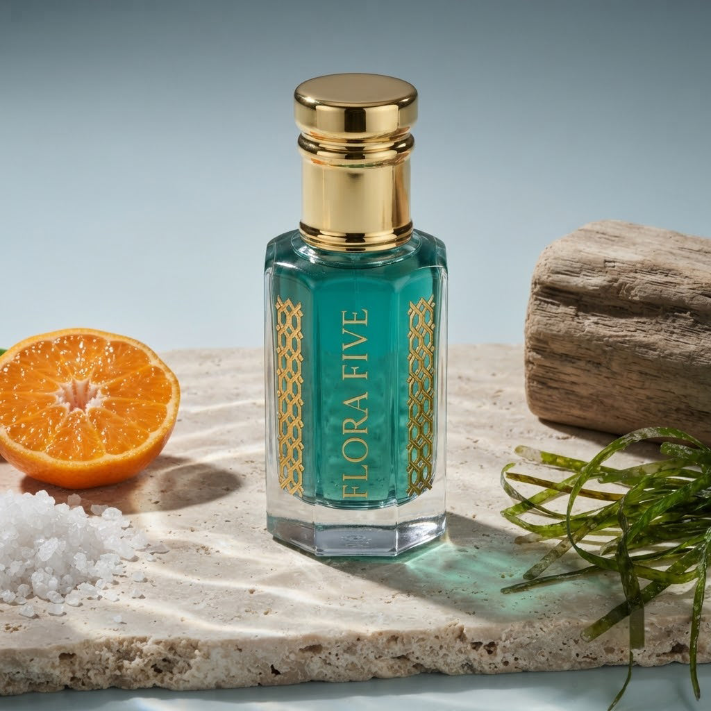 Bvlgari Aqva Inspired Attar by Flora Five — gold-capped bottle of teal oil on travertine with mandarin, sea salt and driftwood – 3, 6 and 12 ml