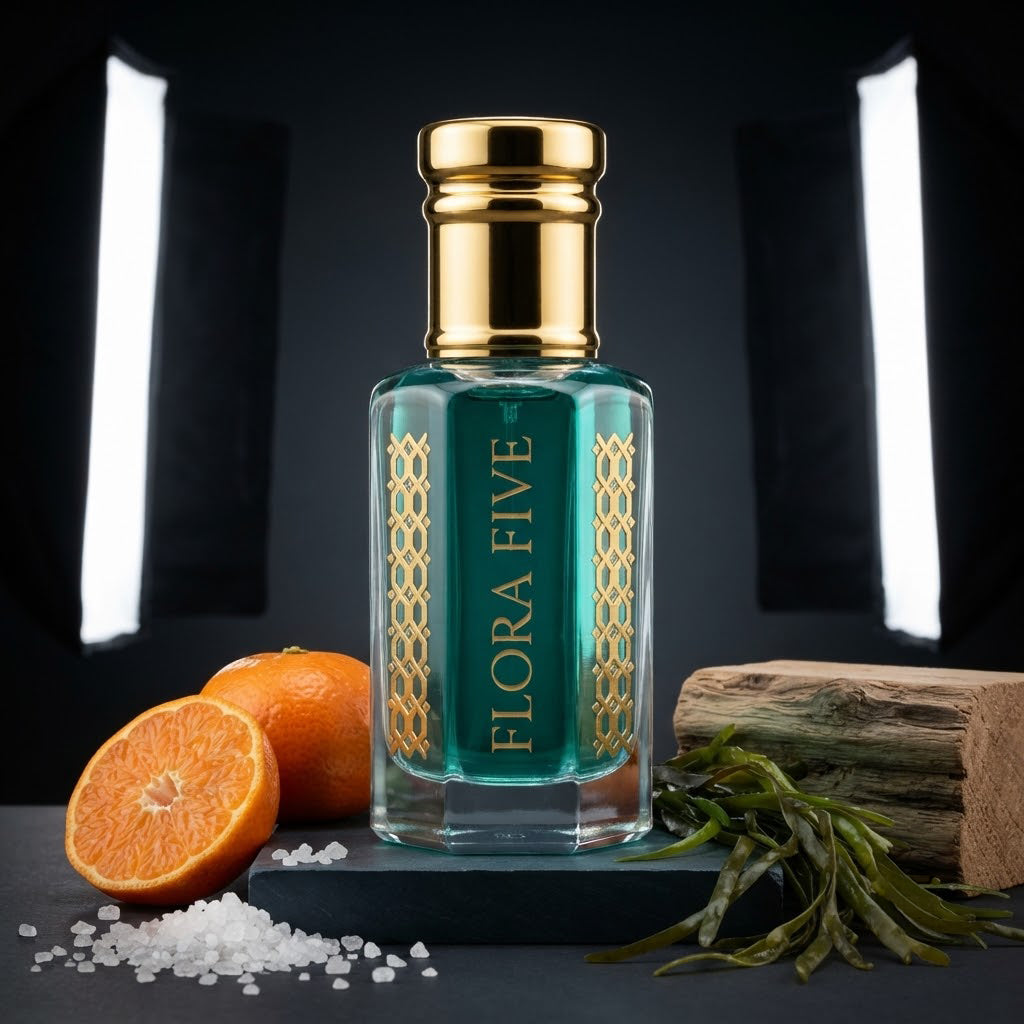 Bvlgari Aqva Inspired Attar by Flora Five — gold-capped bottle of teal oil in a studio with mandarin, sea salt and driftwood – 3, 6 and 12 ml