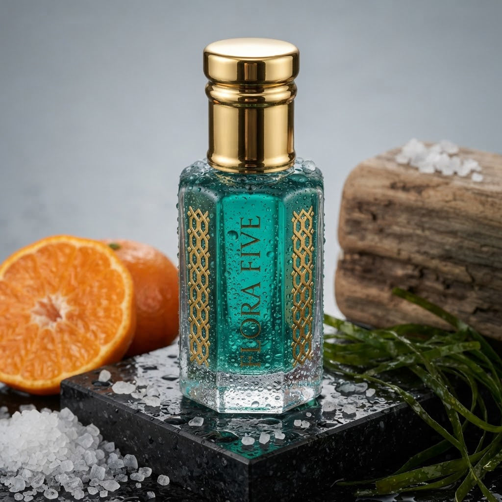 Bvlgari Aqva Inspired Attar by Flora Five — close-up of a gold-capped bottle of teal oil on black stone with mandarin, sea salt and driftwood – 3, 6 and 12 ml