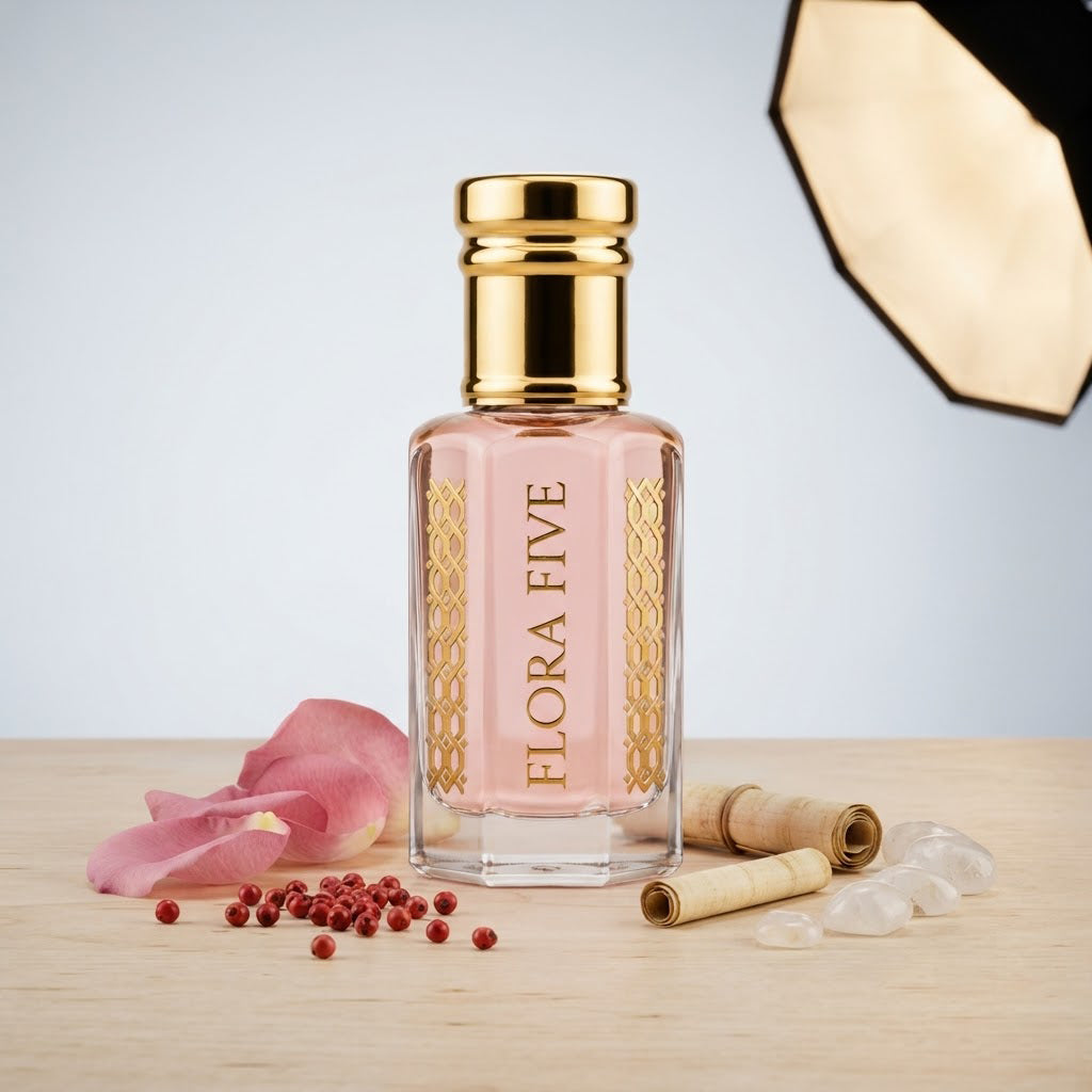 Byredo Rose of No Man's Land Inspired Attar by Flora Five — gold-capped bottle of pale pink oil on a wooden ledge with rose petals, pink pepper and a parchment scroll – 3, 6 and 12 ml