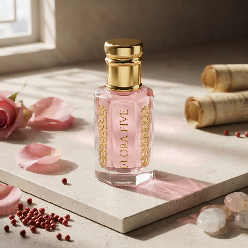 Byredo Rose of No Man's Land Inspired Attar by Flora Five — gold-capped bottle of pale pink oil on stone by a window with pink pepper, rose petals and scrolls – 3, 6 and 12 ml