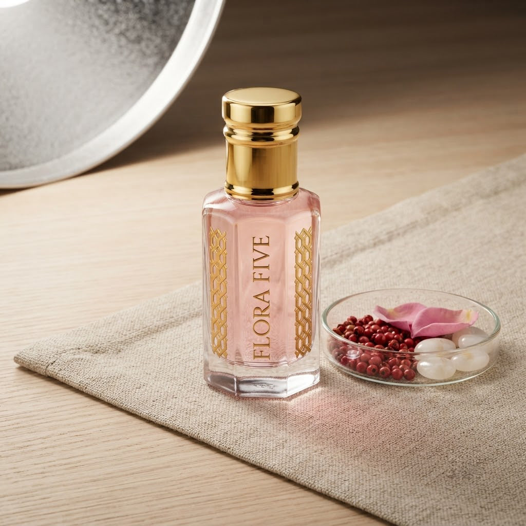 Byredo Rose of No Man's Land Inspired Attar by Flora Five — gold-capped bottle of pale pink oil on linen with a glass dish of pink peppercorns and rose petals – 3, 6 and 12 ml