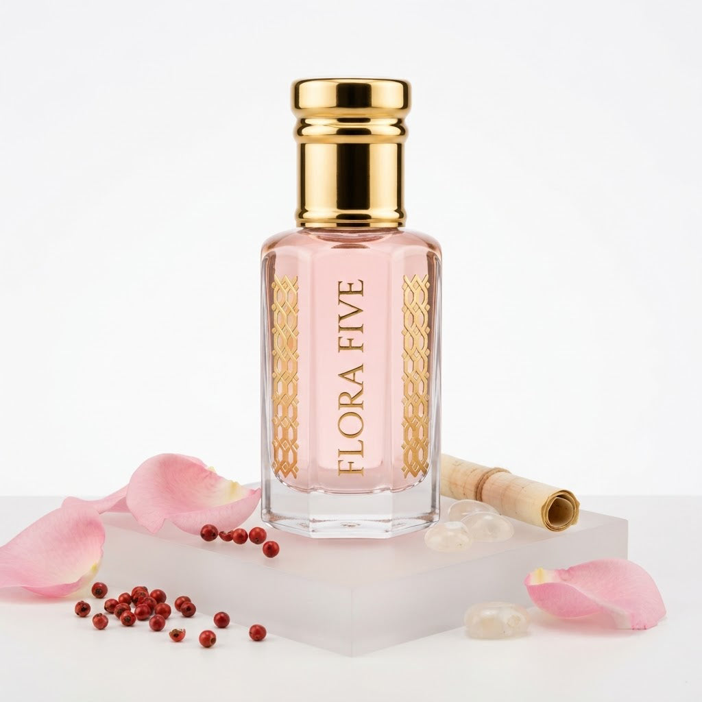 Byredo Rose of No Man's Land Inspired Attar by Flora Five — gold-capped bottle of pale pink oil on a frosted block with rose petals, pink pepper and a scroll – 3, 6 and 12 ml