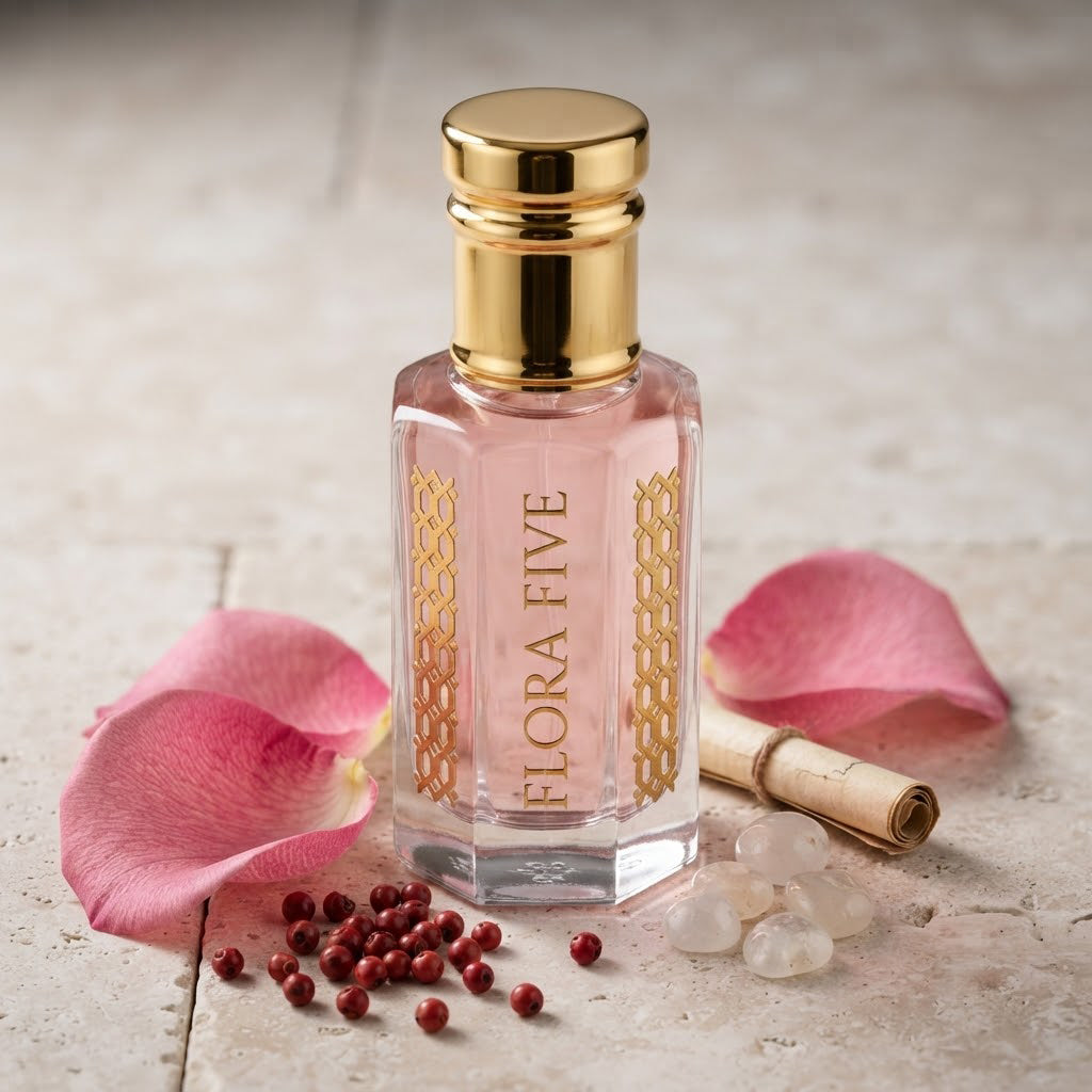 Byredo Rose of No Man's Land Inspired Attar by Flora Five — gold-capped bottle of pale pink oil on stone with rose petals, pink pepper and a scroll – 3, 6 and 12 ml