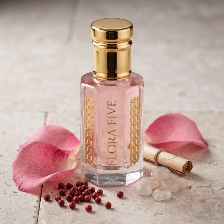 Byredo Rose of No Man's Land Inspired Attar by Flora Five — gold-capped bottle of pale pink oil on stone with rose petals, pink pepper and a scroll – 3, 6 and 12 ml
