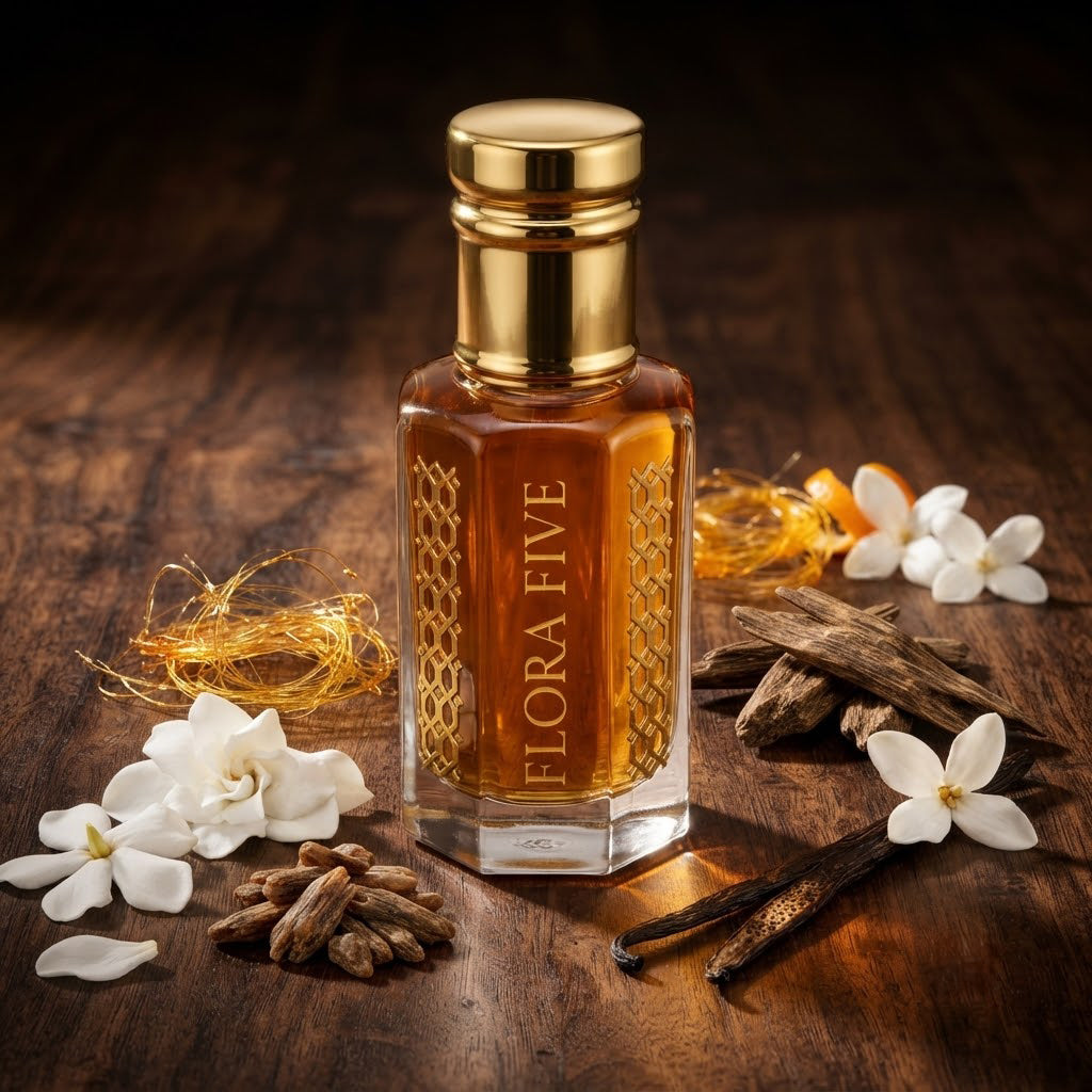 Caramel Oud by Flora Five — amber oud oil on dark wood with spun caramel, oud chips, vanilla pods and white flowers