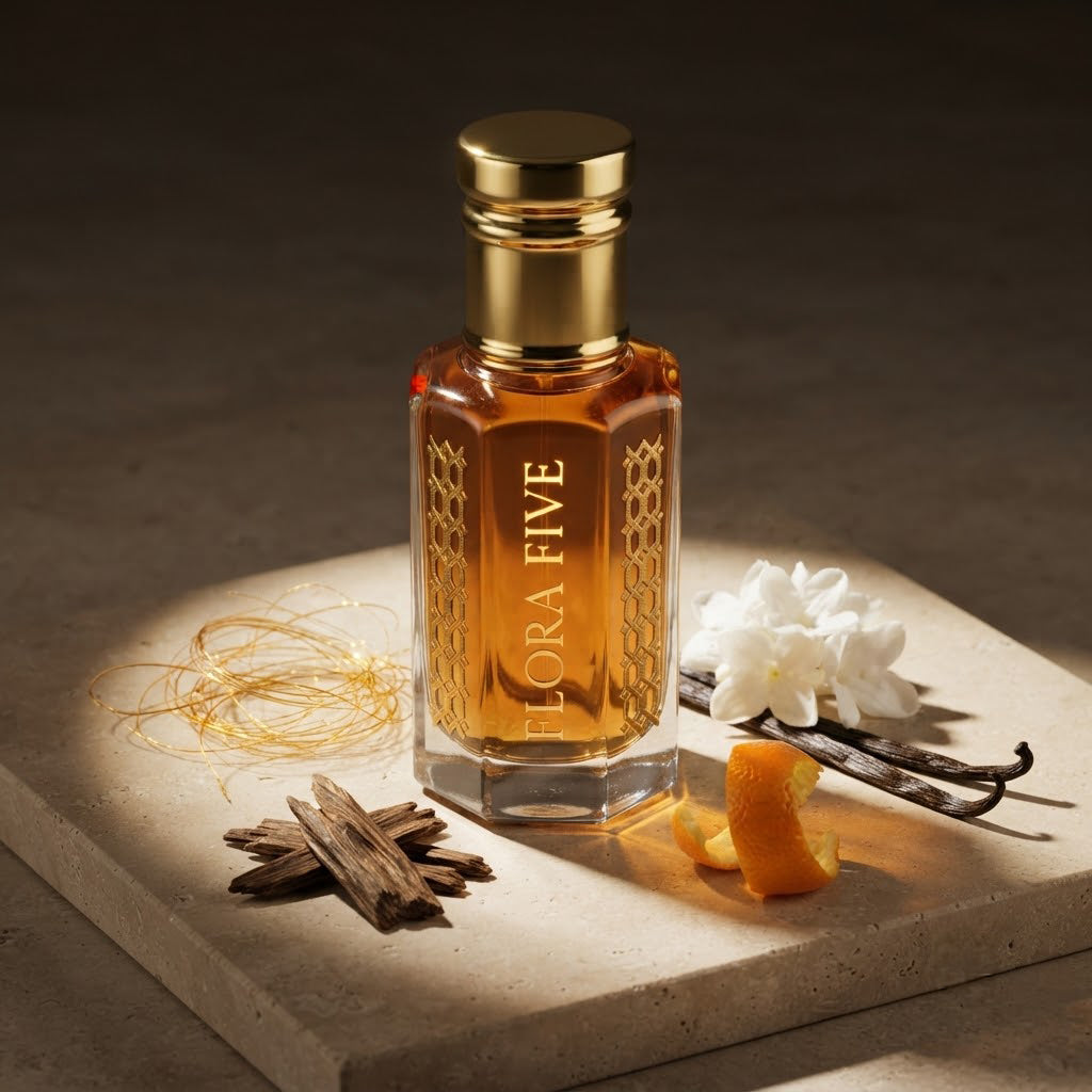 Caramel Oud by Flora Five — oud oil bottle in a beam of light on stone with spun caramel, oud chips, orange peel and vanilla