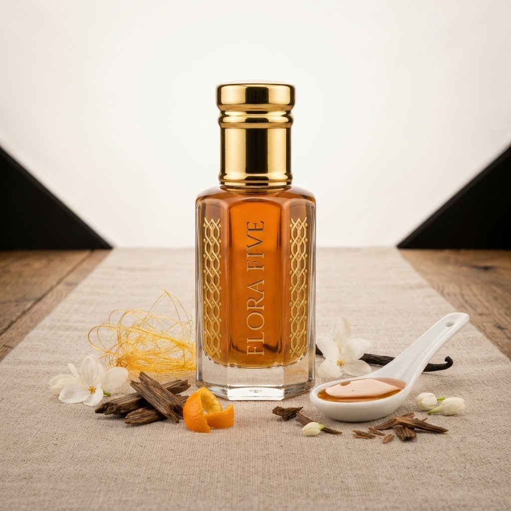 Caramel Oud by Flora Five — bottle on a linen runner with a spoon of caramel, oud chips, orange peel and white flowers