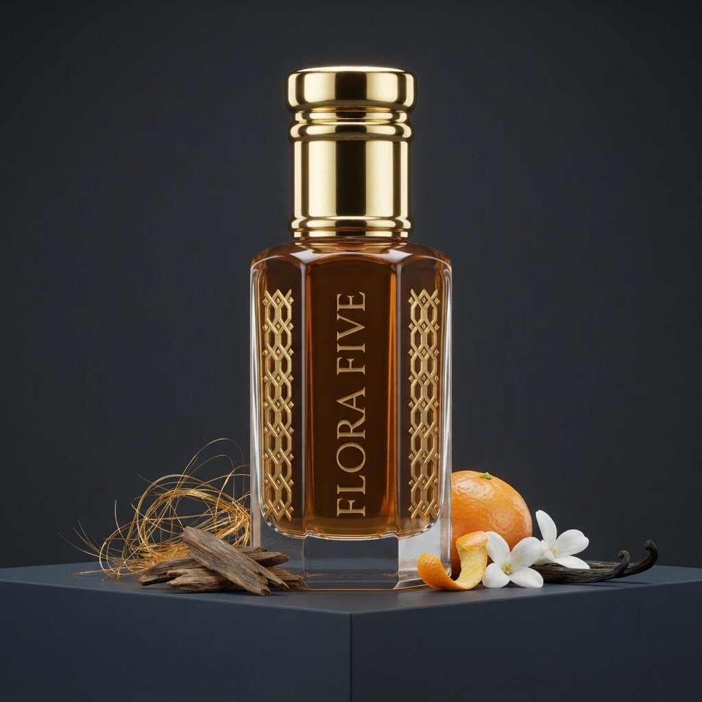 Caramel Oud by Flora Five — deep amber oud oil on a dark plinth with spun caramel, oud wood, a mandarin and vanilla pods