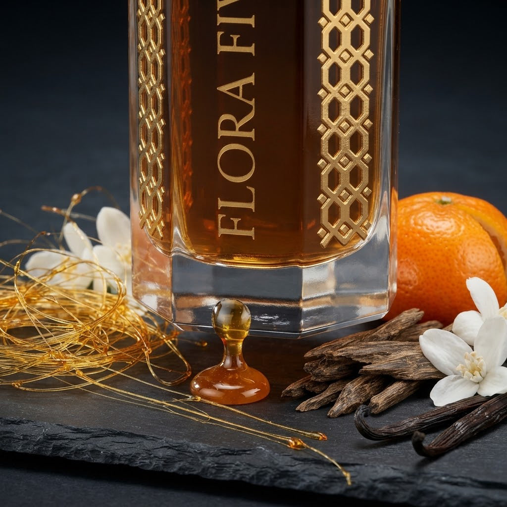 Caramel Oud by Flora Five — close-up of the engraved bottle on slate with a caramel drip, oud chips, an orange and white blossoms