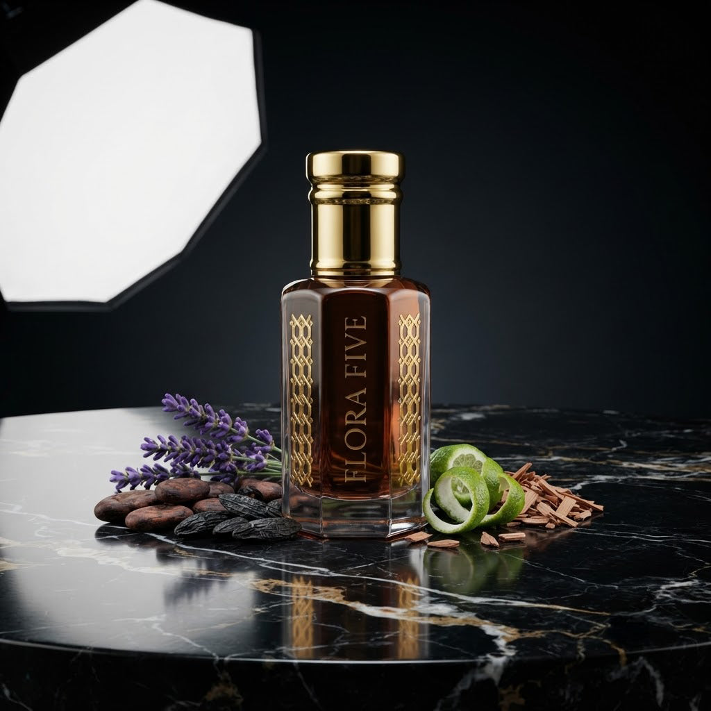 Carolina Herrera Bad Boy Inspired Attar by Flora Five — gold-capped bottle of deep red-brown oil on black marble with lavender, cacao beans and lime peel – 3, 6 and 12 ml