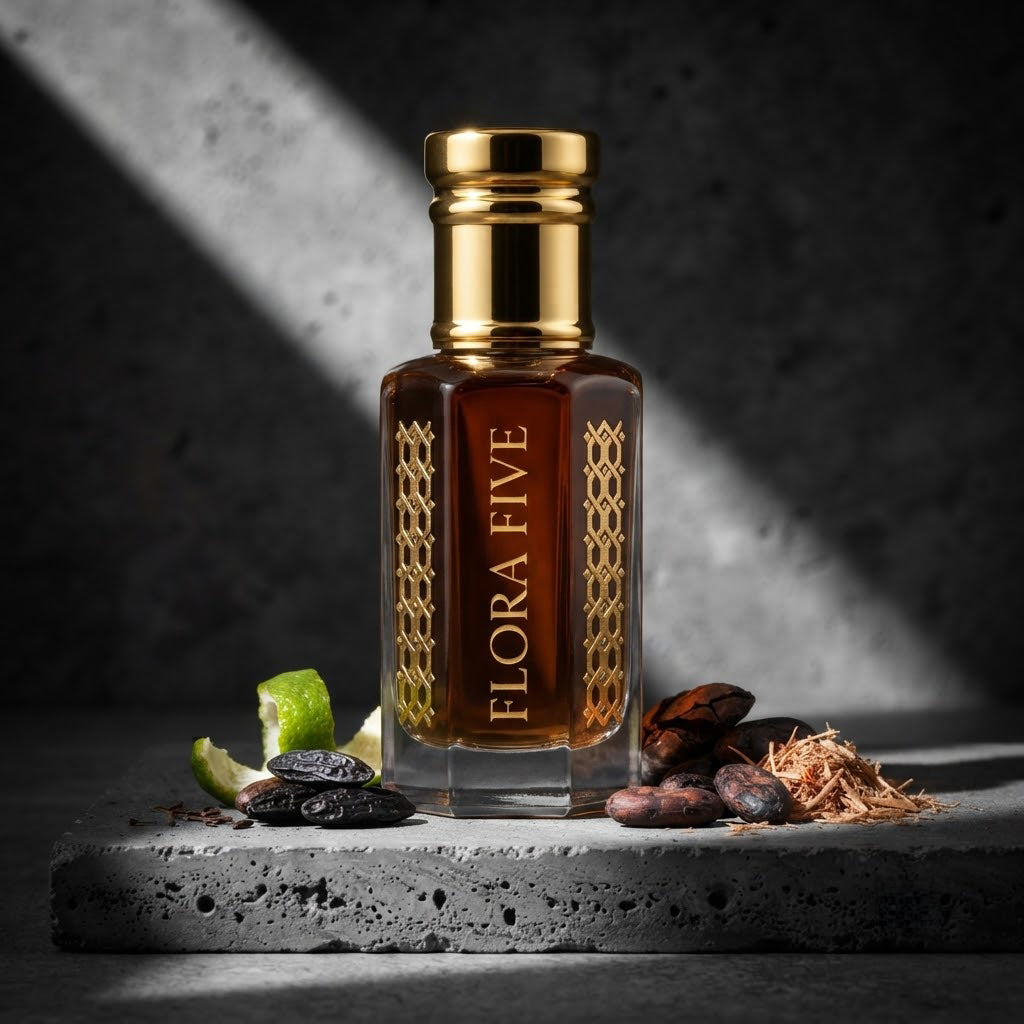 Carolina Herrera Bad Boy Inspired Attar by Flora Five — gold-capped bottle of deep red-brown oil on concrete with lime peel, tonka beans and cacao – 3, 6 and 12 ml