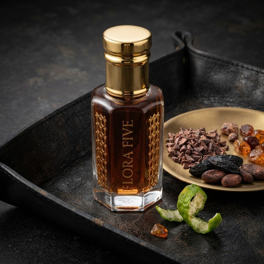 Carolina Herrera Bad Boy Inspired Attar by Flora Five — gold-capped bottle of deep red-brown oil on a dark tray with lime peel and a brass dish of cacao and tonka – 3, 6 and 12 ml