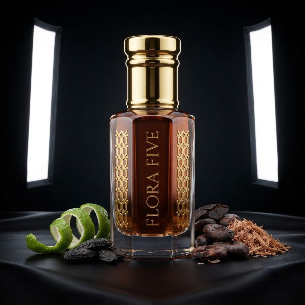 Carolina Herrera Bad Boy Inspired Attar by Flora Five — gold-capped bottle of deep amber oil in a studio with lime peel, tonka beans and cacao – 3, 6 and 12 ml