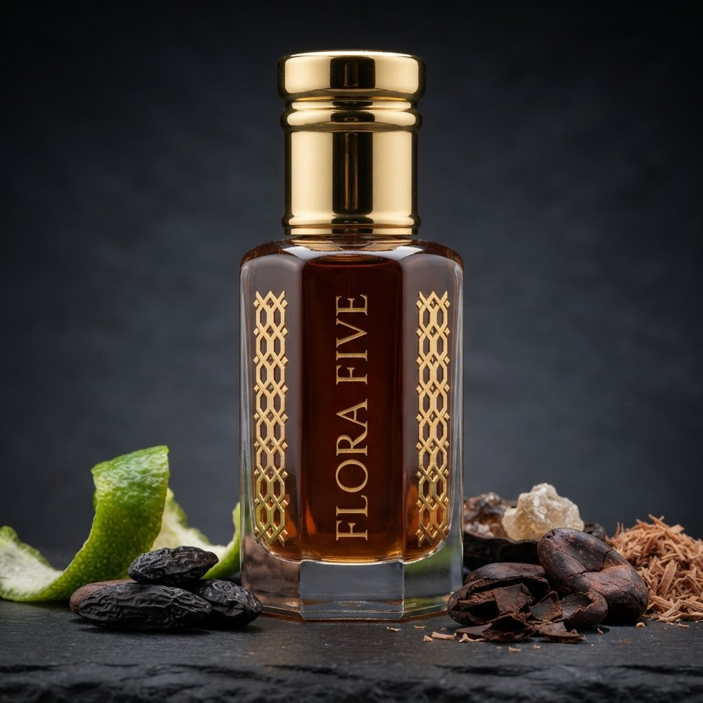 Carolina Herrera Bad Boy Inspired Attar by Flora Five — gold-capped bottle of deep amber oil on dark stone with lime peel, tonka beans and cacao – 3, 6 and 12 ml